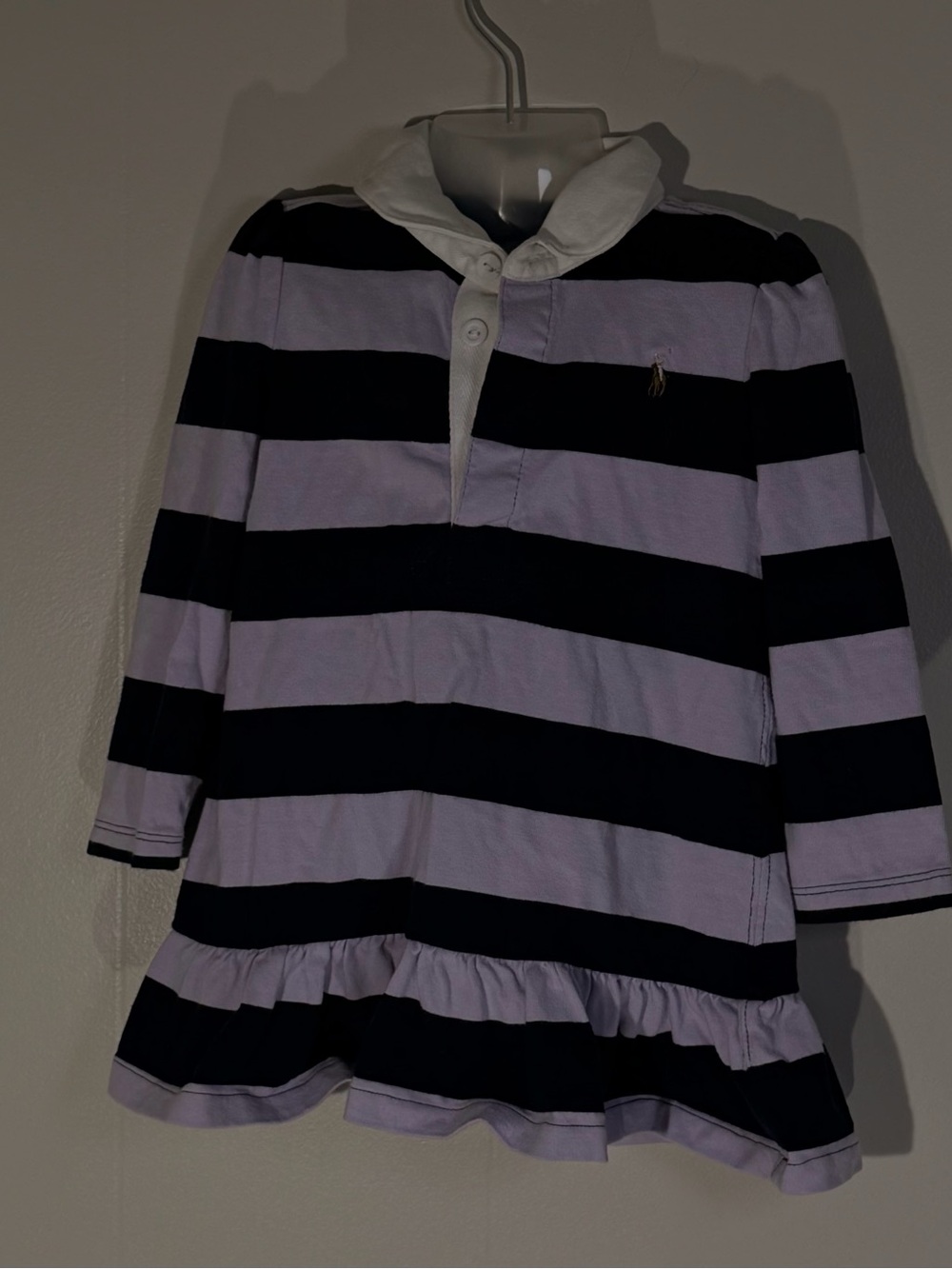 Ralph Lauren Lavender and Navy Striped Polo Dress with Ruffle Hem